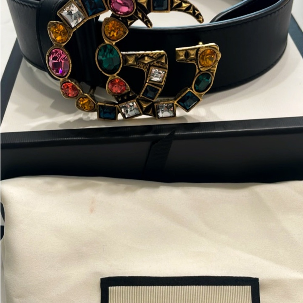 Gucci Black Leather Belt with Multicolor Gem Buckle